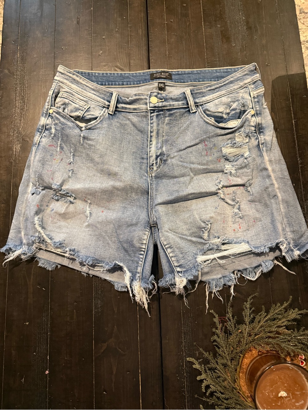 Judy Blue Light Wash Ripped High-Rise Denim Shorts, paint splash design.
